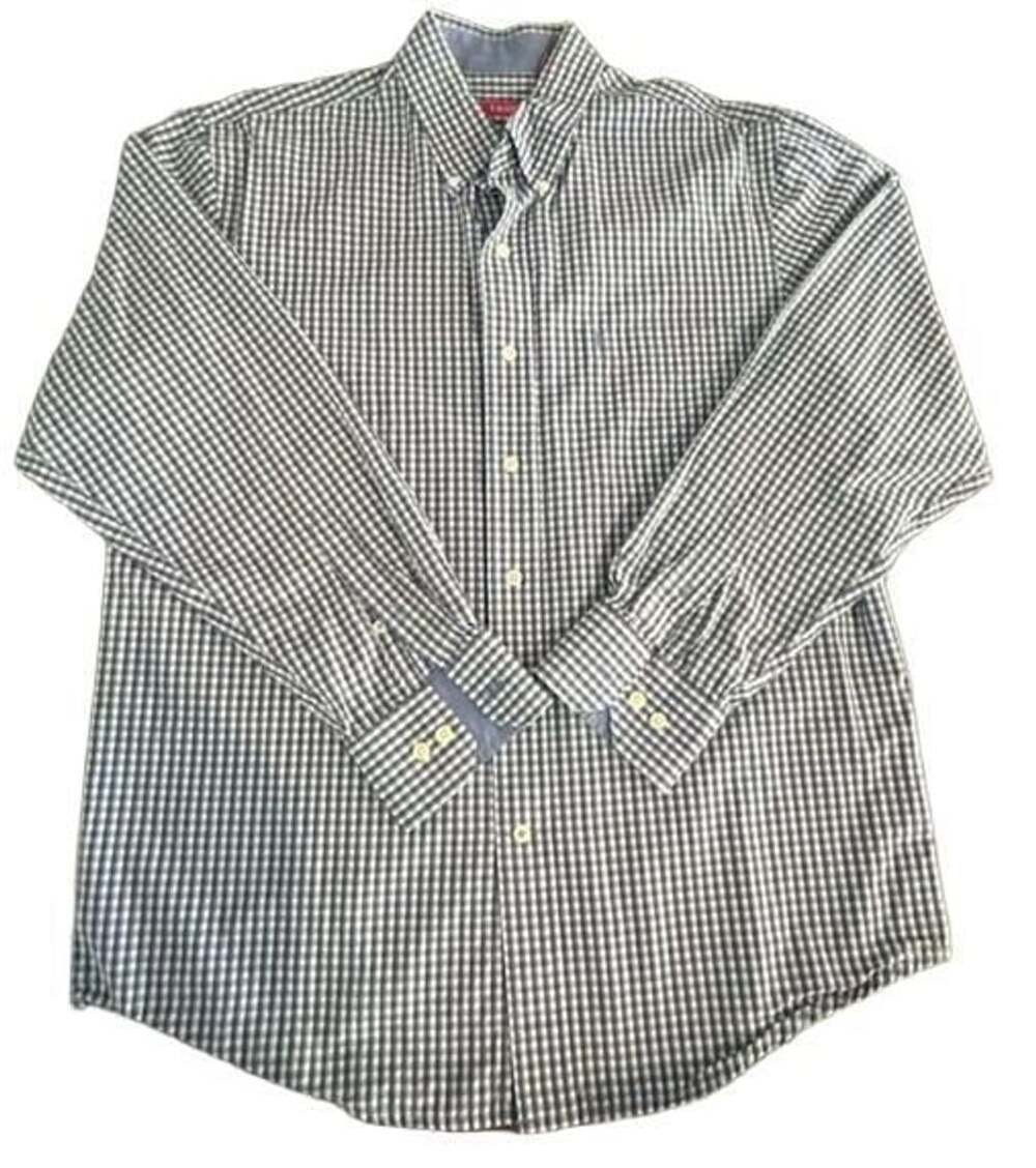 Izod Long Sleeve Button Down Med. Shirt Blue Gingham Plaid
